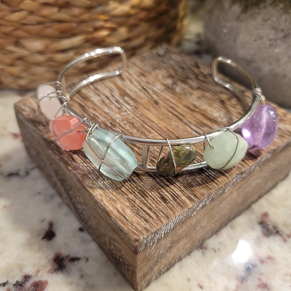Multi-Color Gemstone Wire Bangle Bracelet